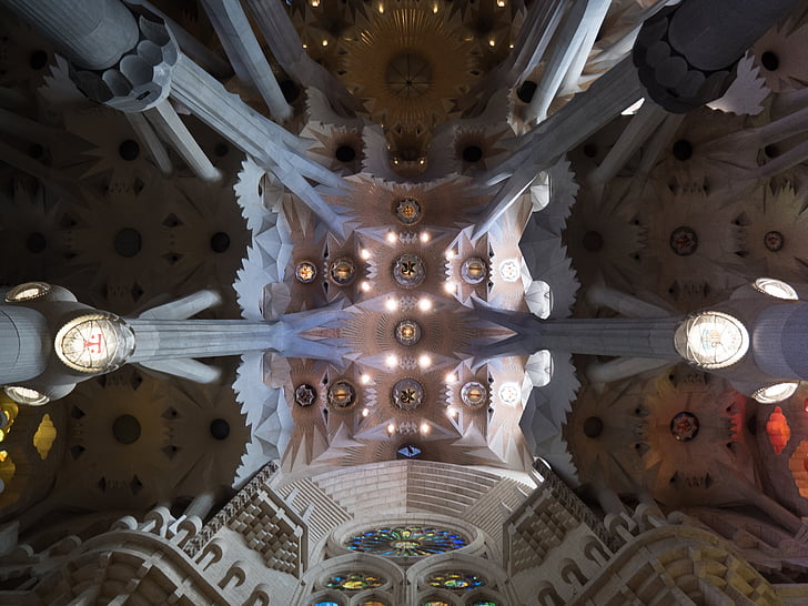 ceiling, cathedral, sagrada família, barcelona, catalonia, inside, church