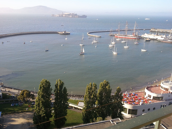 san francisco, alcatraz, aquatic park, muni pier, bay, boats, overhead