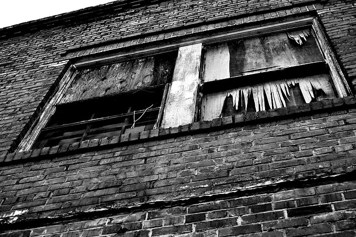 old, broken, window, building, rustic, black and white, building exterior