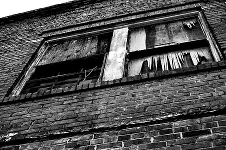lama, rusak, jendela, bangunan, pedesaan, hitam dan putih, eksterior bangunan