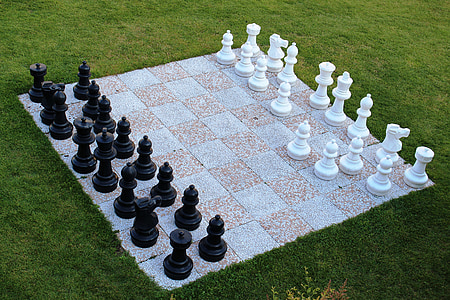 игра в шахматы, Шахматы в саду, шахматные фигуры, белый с черным, Раш