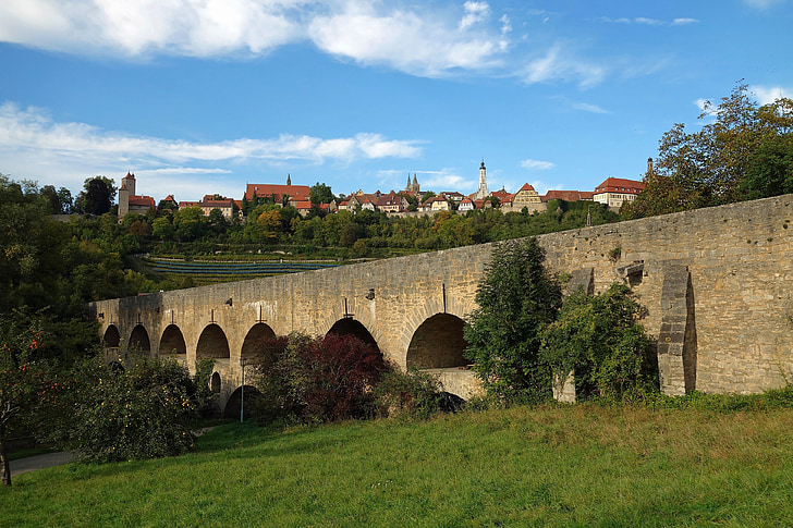 Rothenburg ob der tauber, Tyskland, Bridge, roman, sten, træer, bygninger