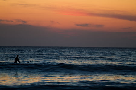 persona, de surf, mar, puesta de sol, Océano, agua, ondas