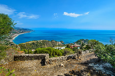 Sicilië, kustlijn, zomer, Italië, Taormina, kust, Middellandse Zee