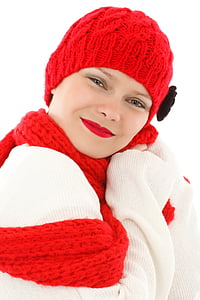 woman, wearing, red, knitted, beanie, beauty, face