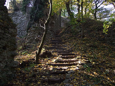 Słowacja, lasu, światło słoneczne, schody, Zamek, ruiny, jesień