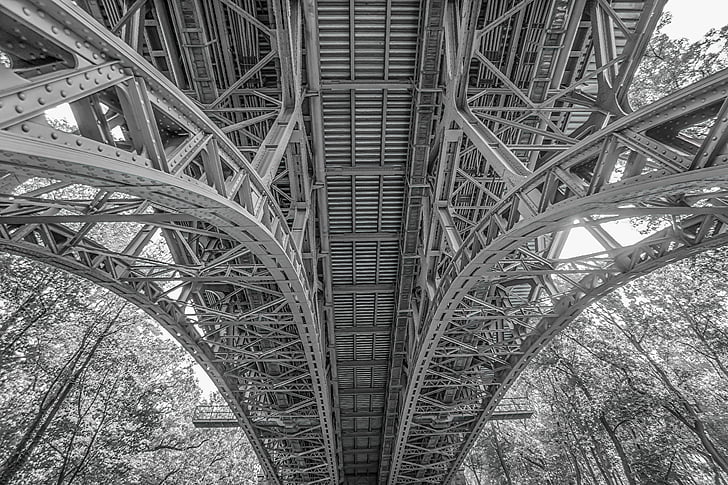 architecture, black-and-white, bridge, city, metal, perspective, steel