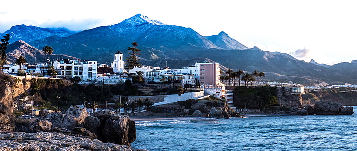 amanhecer, Nerja, neve, montanha, inclinação do céu, Málaga, Andaluzia