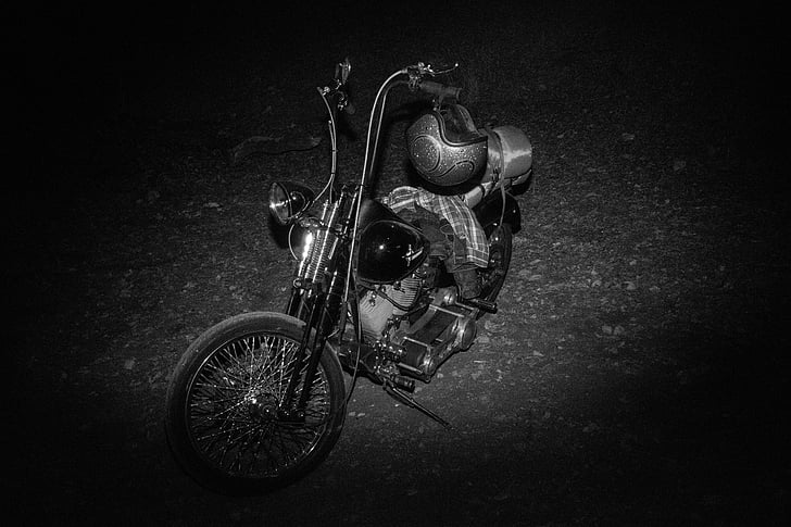 moto, Harley davidson, noir et blanc, roue
