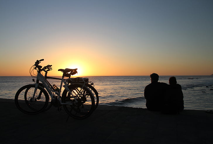 Gran canaria, Kanári-szigetek, Maspalomas, naplemente, kerékpár, pár, Spanyolország