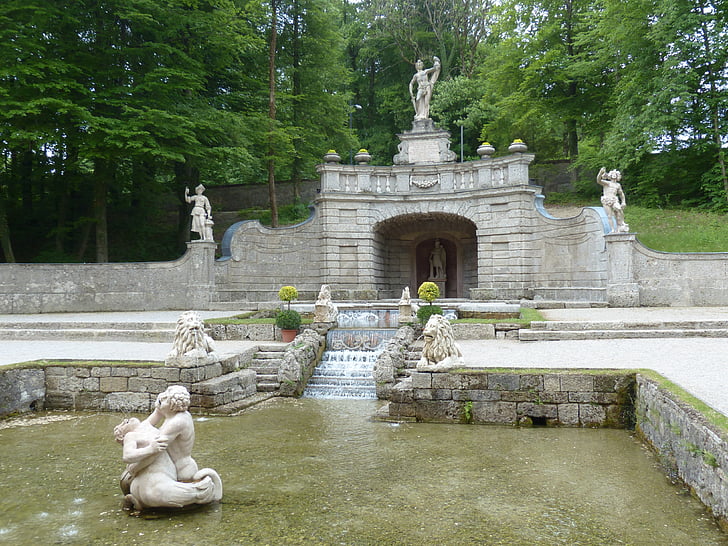 Grotto, Hellbrunn, sten siffra, mannen, mänskliga, staty, trädgård