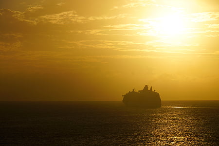 puesta de sol, mar, de la nave, crucero, amarillo, naranja, sol