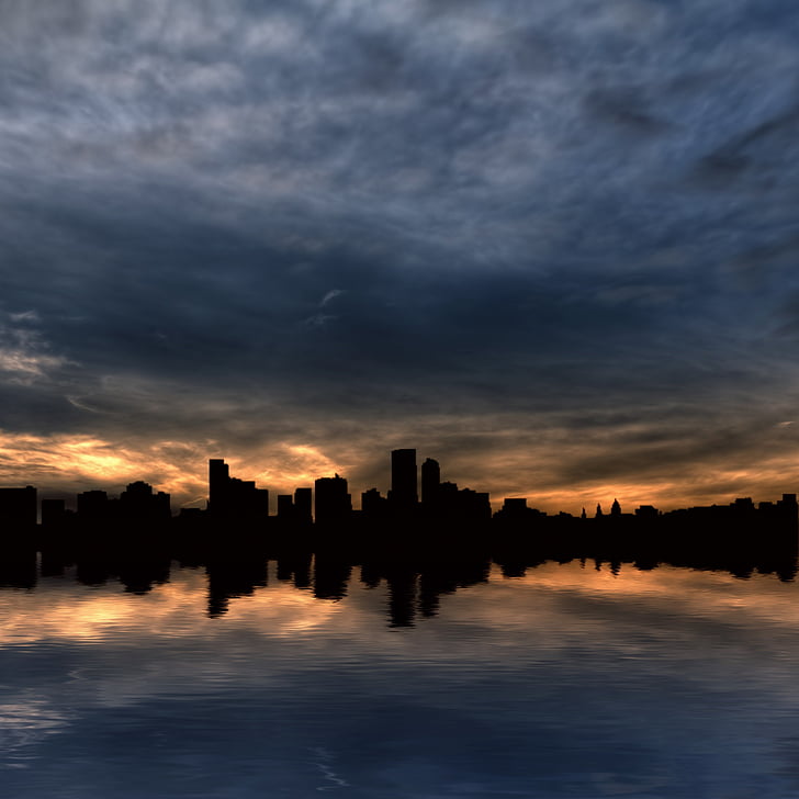 buildings, city, clouds, dawn, dusk, overcast, reflection