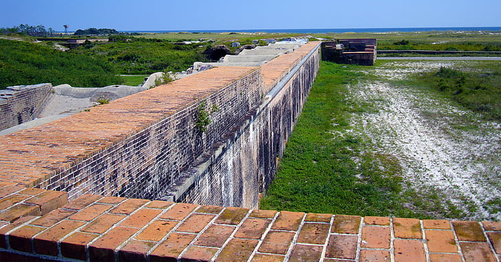 mur, briques, fort militaire, extérieur, mur de briques, fort pickens, fortifier