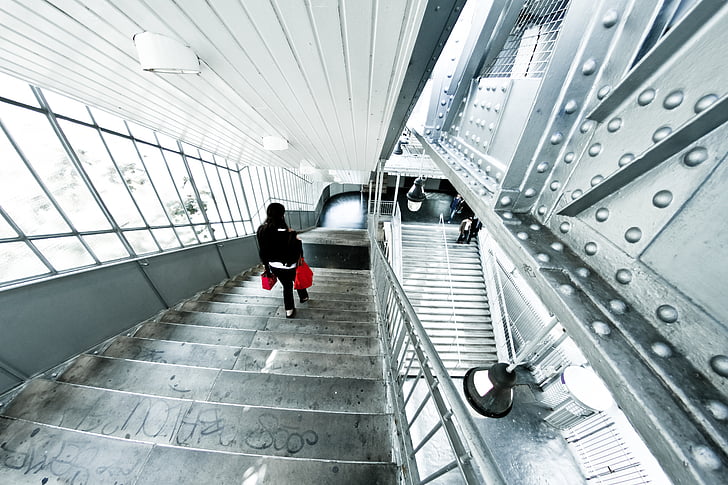 escalera, París, metro, Francia, ciudad, calle, gris