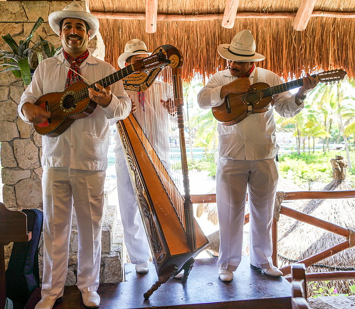 cantores mexicanos, Trio, instrumentos, feliz, pessoas, pessoa, música