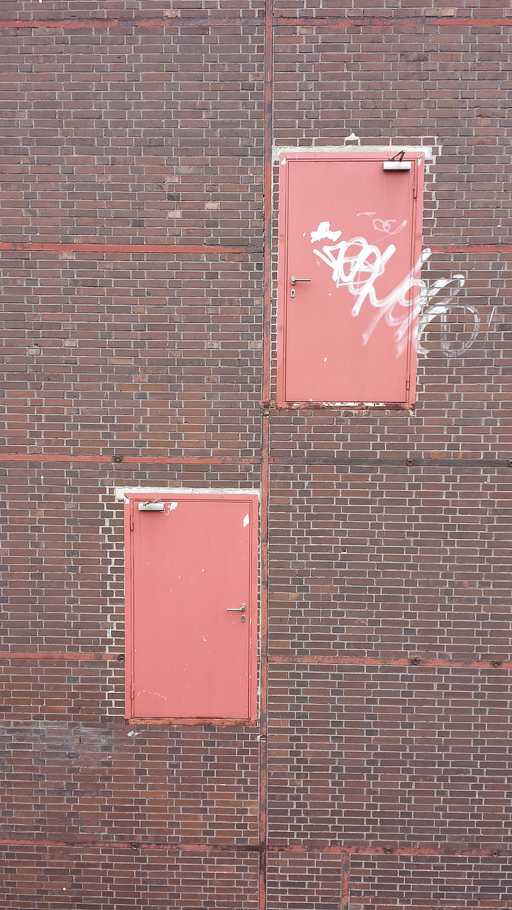 pintu, pintu, dinding, batu bata, mati akhir, merah, tanda