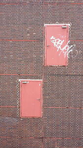 puerta, puertas, pared, ladrillo, callejón sin salida, rojo, signo de