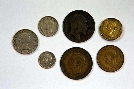 britanski kovancev, Sprednji sooča, pred decimalisation, umazani, krožijo, stari, zgodovinski