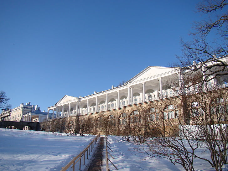 het paleis ensemble Tsarskoje selo, Rusland, Paleis, bomen, schaduw, winter, ladder