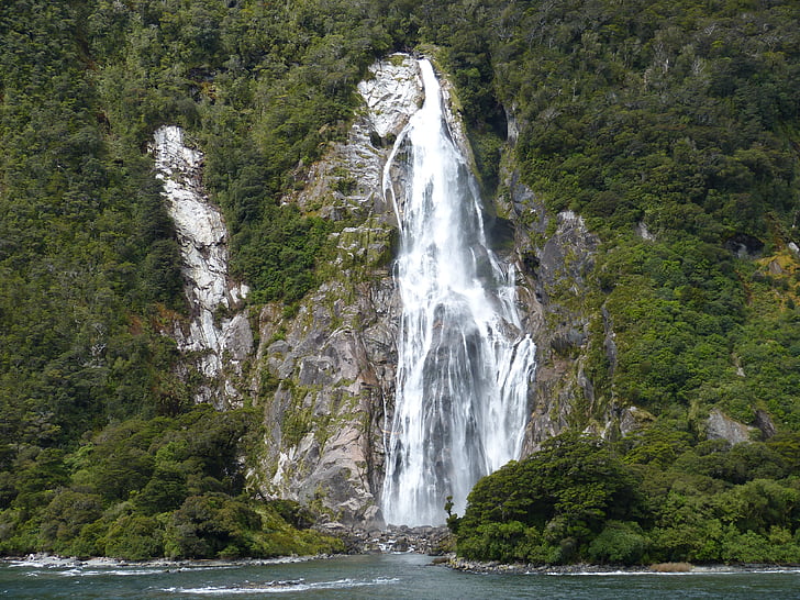 vattenfall, vatten, vatten, blåsljud, Nya Zeeland, Milford sound, landskap