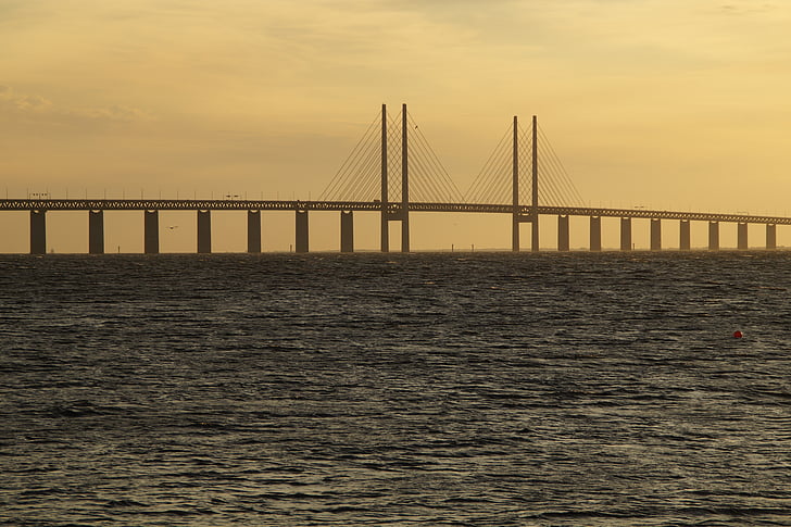 Oresund, ponte do Øresund, ponte, noite, Malmo, céu da noite, abendstimmung