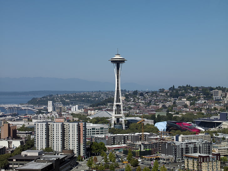 Seattle, wieży Space needle, Skyline, Waszyngton, Stany Zjednoczone Ameryki, Miasto, Architektura