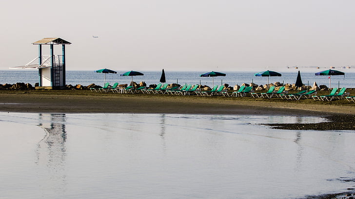 menara penjaga pantai, Pantai, laut, pasir, refleksi, pagi, Larnaca