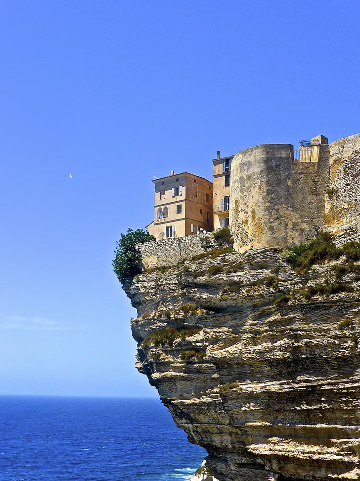 szikla, Bonifacio, Korzika, épület, tengerpart, tengeri tájkép, parti