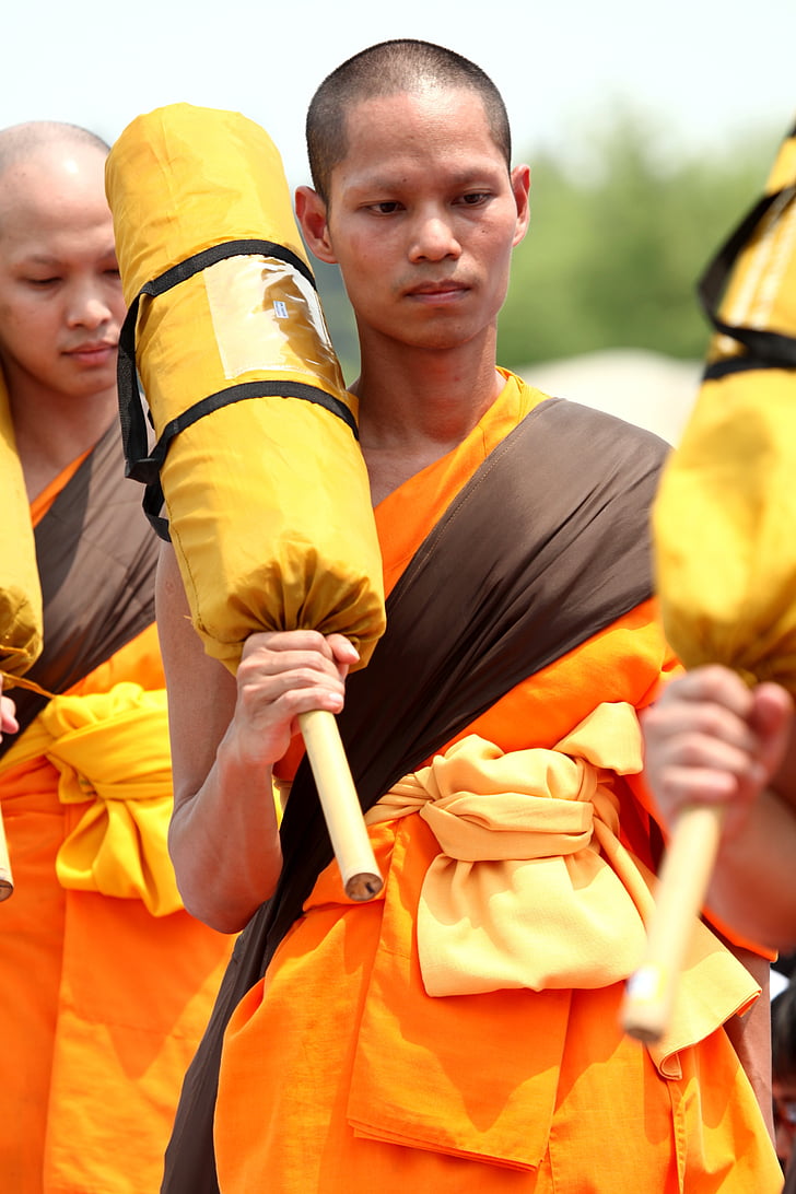 buddhister, munkar, buddhismen, promenad, Orange, kläder, Thai