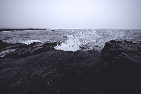 grayscale, photo, ocean, water, splashing, seashore, rock