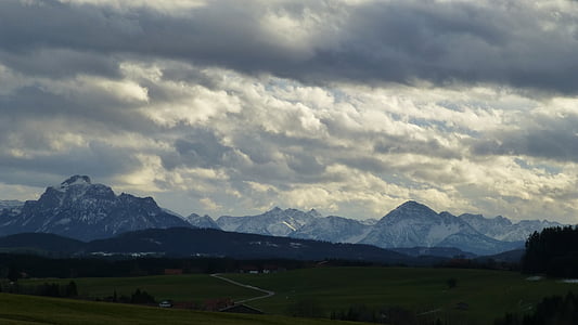 Allgäu, Pogórze, panoramy, Marktoberdorf, góry, chmury