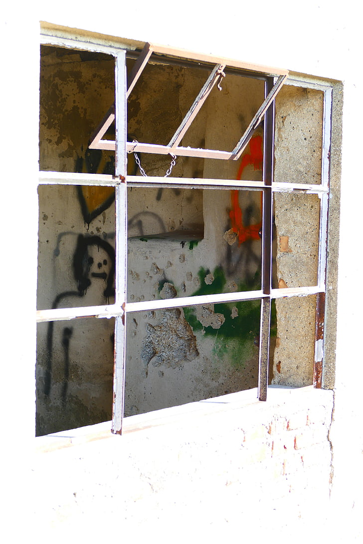 window, glass, broken, destroyed, graffiti, face, old