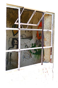 vindue, glas, brudt, ødelagt, graffiti, ansigt, gamle