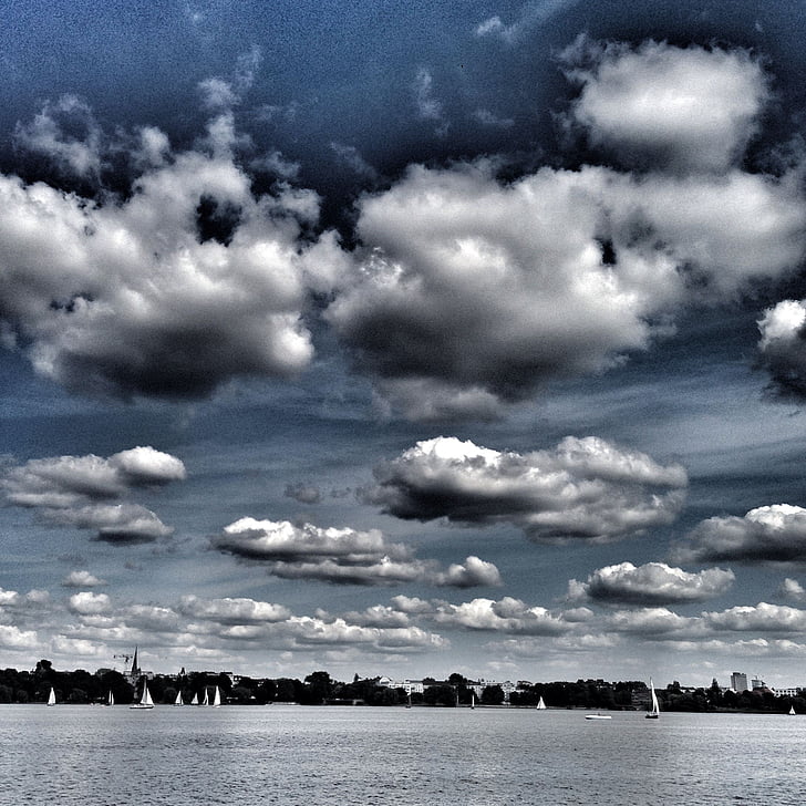 sky, clouds, blue, alster, hamburg, lake boats, tourism