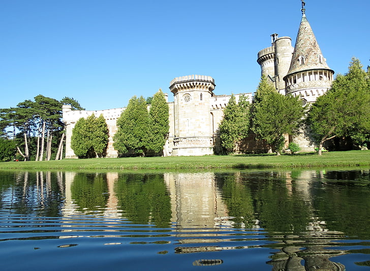 Castelo, Áustria, Lagoa, dia de verão, céu azul, reflexo na água, Parque