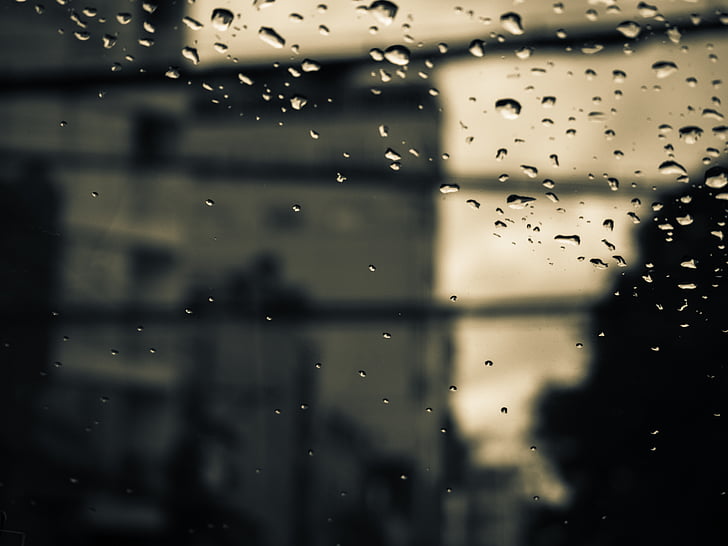 water, droplets, rain, clear, windscreen, blur, building