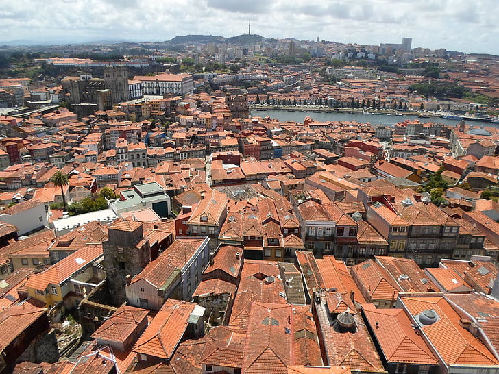 Porto, casas, cubiertas, ciudad, panorama, techo, paisaje urbano