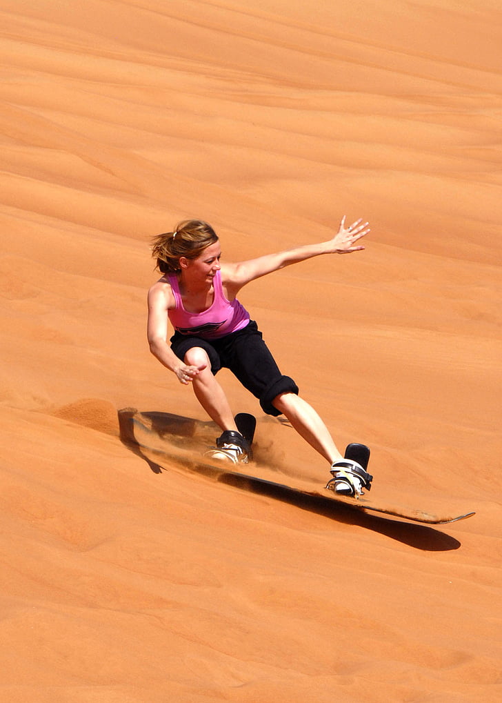 Wüste, Düne, Spaß, im freien, Person, Sand, Sand board