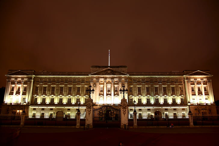 arkitektur, Buckingham palace, byggnad, England, London, natt, Palace