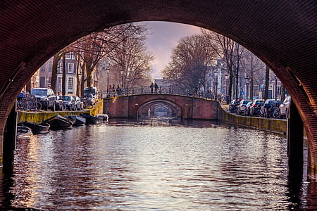 Amsterdam, Arch, Bågbro, arkitektur, båt, tegel, tegelvägg