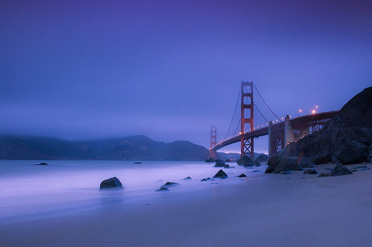 stranden, Bridge, daggry, skumring, kveld, tåkete, Golden gate bridge