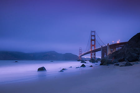beach, bridge, dawn, dusk, evening, foggy, golden gate bridge