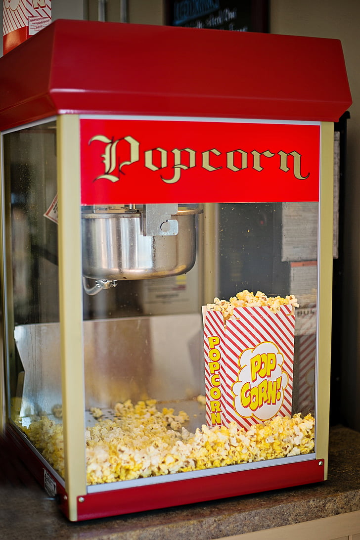 popcornmaskinen, gammaldags, Popcorn, Maker, maskin, gamla, röd