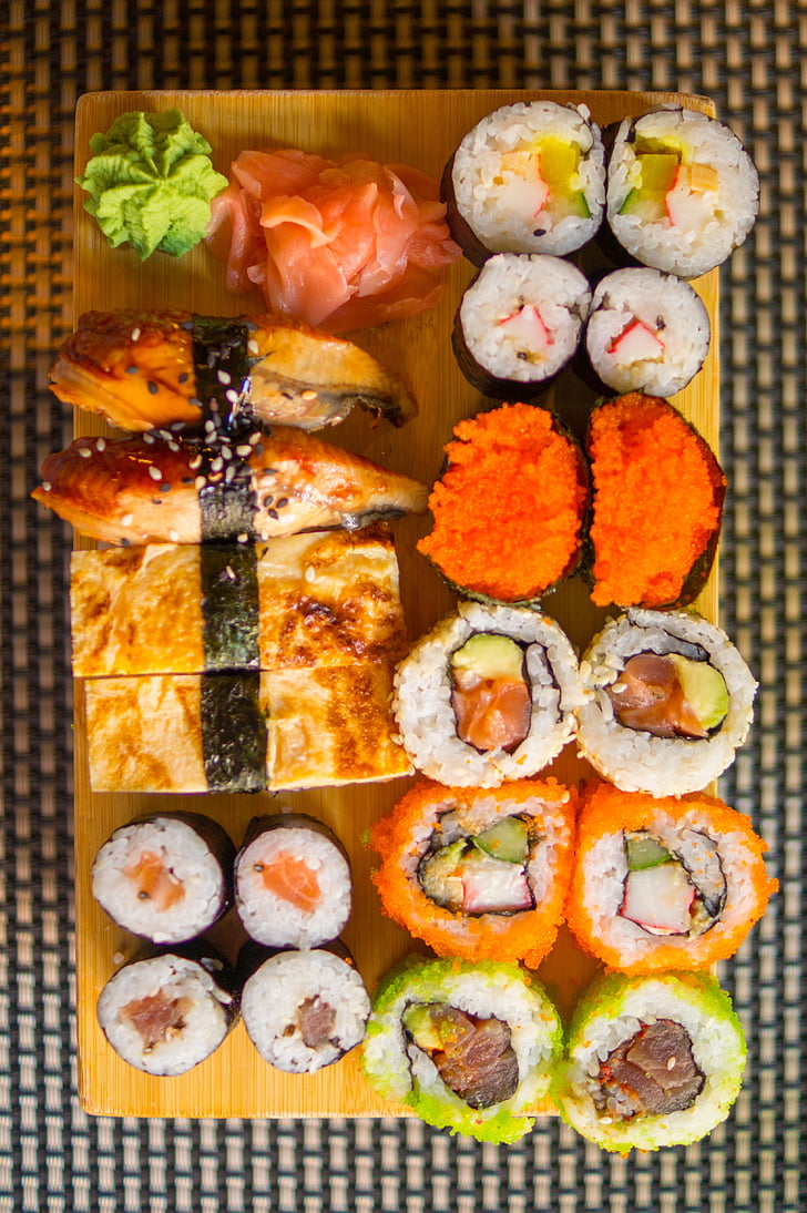 mat, brun, tre, overflate, sushi, ris, sunn