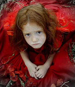 Момиче, червен, червена коса, лагер, цвете, фентъзи, история