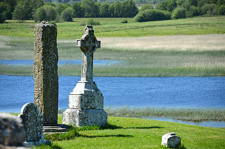 Fluss, hohes Kreuz, Irland, Kreuz, Grab, Friedhof, Grabstein