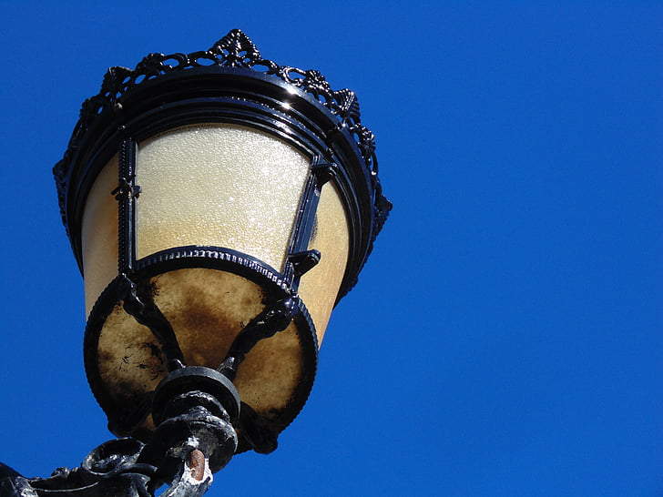 đèn, đèn đường phố, cũ, bầu trời, màu xanh