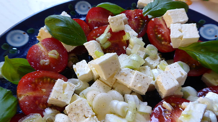 salad, cheese, onion, feta cheese, tomatoes, frisch, starter