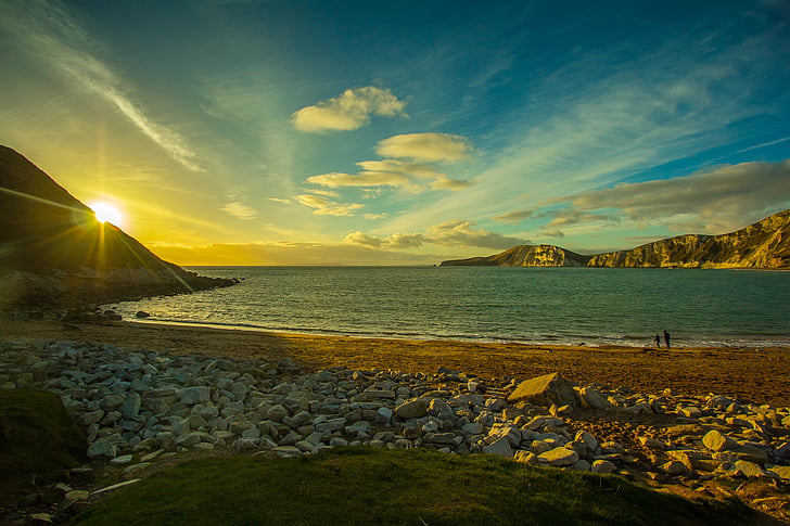 worbarrow záliv, Dorset, na moře, Příroda, Západ slunce, země, oceán